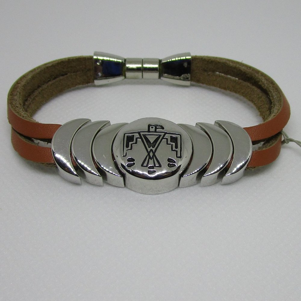 Silver tone steel phoenix eagle engraved native design leather bracelet
